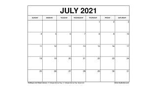 Printable July 2021 Calendar Templates with Holidays  VL Calendar [upl. by Drugi]