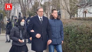 Aleksandar Vučić sa ćerkom Milicom i sinom Danilom stiže na sahranu bivše supruge Ksenije [upl. by Jarrid670]