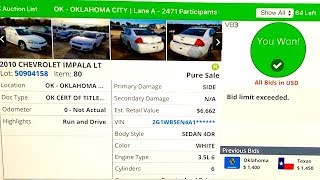 Copart Auction Live Bidding  Win 86K Mile 2010 Impala [upl. by Yrbua]