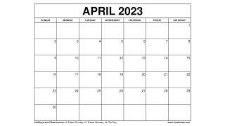 Printable April 2023 Calendar Templates with Holidays  VL Calendar [upl. by Calvin]