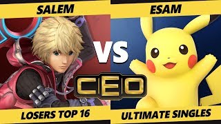 CEO 2019 SSBU  MVG  Salem Shulk Peach Vs PG  ESAM Pikachu Smash Ultimate Tournament L Top 16 [upl. by Neri660]