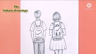 how to draw best friends drawing  girl and boy with bag  pencil sketch for beginners [upl. by Yraek]