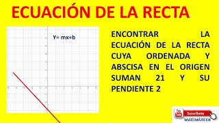 444 ECUACIÓN DE LA RECTAHALLAR LA ECUACIÓN CUYA ORDENADA Y ABSCISA EN EL ORIGEN SUMAN 21 Y SU m 2 [upl. by Kristin]