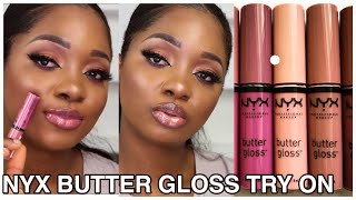 BEST NYX BUTTER GLOSS FOR DARK SKIN  TRY ON [upl. by Marylinda923]