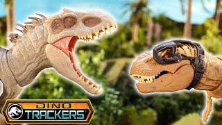 Tyrannosaurus rex Battles the Indominus rex  Jurassic World Dino Trackers [upl. by Earb]