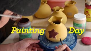 A chill day in my pottery studio painting Animal Crossing bell bags [upl. by Einnek]