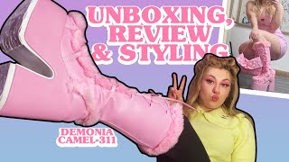 UNBOXING NEW PASTEL PINK PLATFORMS  Demonia Camel311 Boots Styled 3 Ways  Pink Kawaii Shoes [upl. by Troyes753]