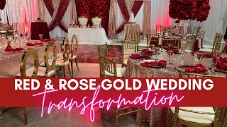 UNBELIEVABLE WEDDING TRANSFORMATION RED AND ROSE GOLD WEDDING FULL ROOM BACKDROP [upl. by Artenehs103]