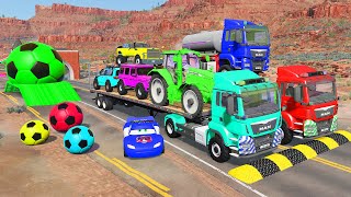 Double Flatbed Trailer Truck vs Speedbumps Train vs Cars  Tractor vs Train BeamngDrive 08 [upl. by Odlopoel]