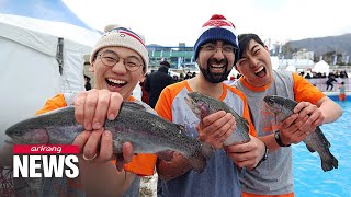 Enjoying winter fun at S Koreas winter city of Pyeongchang Pyeongchang Trout Festival [upl. by Solracesoj]