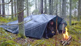 Tarp Camping in the Rain  Finding Fatwood  3 Days Bushcraft Trip [upl. by Nauqet]