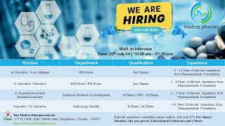 Madras Pharmaceuticals Walkin  Bpharm Mpharm Msc Any Degree pharmajobalert medraspharma [upl. by Siddon]