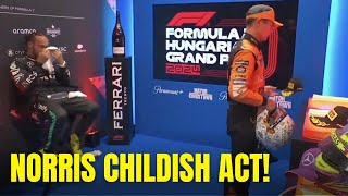 Lando Norris acting childish to Lewis Hamilton and throwing P2 cap during cooldown room [upl. by Chladek]