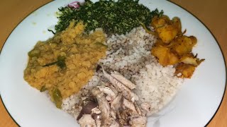 Bite 16  Rice and curry with fish lentil shredded greens with coconut and potato curry  ASMR [upl. by Namso221]