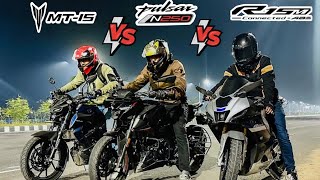 PULSAR N250 VS YAMAHA MT15 VS YAMAHA R15M  DRAG RACE  TOP SPEED TEST [upl. by Ocnarf230]