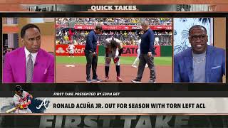 DEVASTATING First Take reacts to Ronald Acuna Jr OUT for season with ACL tear [upl. by Icnarf]