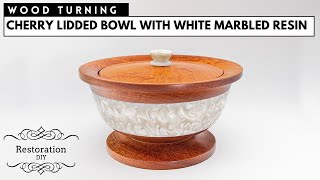 Woodturning  Cherry Lidded Bowl With Marbled White Resin  Restoration DIY [upl. by Attikin]