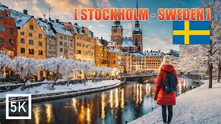 Stockholm in Sweden  Gamla Stan 5K HDR Walking Tour of Old City in Winter Snowfall [upl. by Annaesor435]