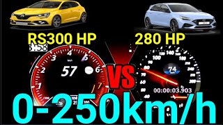 Hyundai i30N DCT 280 HP VS Renault Megane RS EDC 300 HP Acceleration sound 0 250 kmh [upl. by Alyahsat]