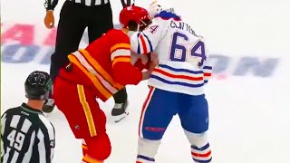 Parker Bell vs Connor Clattenburg Fight FULL CLIP  Oilers vs Flames  2024 NHL Highlights [upl. by Nottarts]