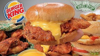 MUKBANG EATING WINGSTOP HOT HONEY FRIED CHICKEN SANDWICH HOT HONEY WINGS BURGER KING WHOPPERS ASMR [upl. by Eiten]