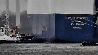 SturmOpfer Autofrachter SFL COMPOSER damaged by storm RoRo car carrier 5LFR2 IMO 9293583 Emden [upl. by Butterfield908]