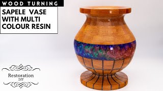 Woodturning  Sapele Vase with Multi Colour Resin  Restoration DIY [upl. by Seravart]