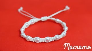 Como hacer una Pulsera de hilo simple con perlas✧ NUDO PLANO Macrame [upl. by Booth]