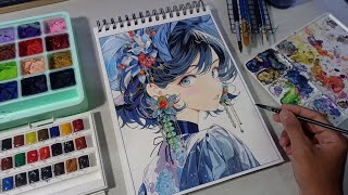 drawing anime fanart ai art gouache and watercolor versions  drawing anime girl [upl. by Nuris470]