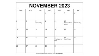 Printable November 2023 Calendar Templates With Holidays  Wiki Calendar [upl. by Aleafar]