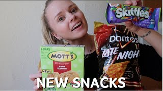 lets review NEW snacks Doritos sizzle cheese burger Motts snack bar amp new sour mix berry skittles [upl. by Sonnie]