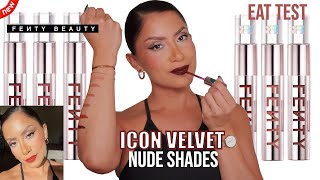 new NUDE SHADES FENTY BEAUTY ICON VELVET LIPSTICKS  NATURAL LIGHTING LIP SWATCHES amp EAT TEST  MJ [upl. by Race491]