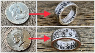 Making rings out of American Half Dollar coins Franklin and Kennedy coin rings [upl. by Ansel]