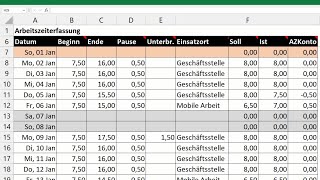 Excel automatische Arbeitszeiterfassung erstellen  Vorlage Zeiterfassung mit Überstunden Feiertage [upl. by Hylan]