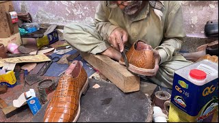 How To Make Alligator Print Hand Stitch Leather Shoes Upper Beginner Leather work PART 2 of 3 [upl. by Jehius336]