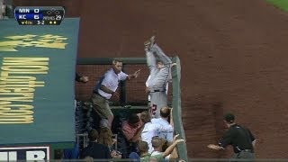 Plouffe tumbles over railing after foul pop [upl. by Normac]