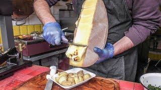 Yummy Swiss Raclette Warm Melted Swiss Cheese with Egg and Potatoes London Street Food [upl. by Latif]