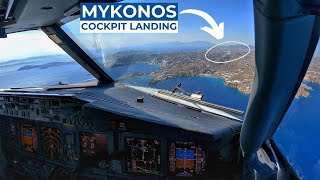 Boeing 737800 Shortfield Cockpit Landing at MYKONOS Greece  Runway on a Hill  Pilot View 4K [upl. by Stich72]