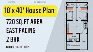 18x40 East Facing House Plan  720 Sqft Area  2 BHK  Home Sketch [upl. by Sivaj]