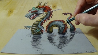 3D Drawing of a Chinese Dragon  How to Draw 3D Water Dragon  Trick Art on Paper [upl. by Doe]