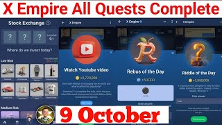 9 October All Quests Code X Empire  Riddle Of The Day  Rebus Of the day  YouTube Video Code [upl. by Enreval]