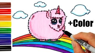 How to Draw  Color Pink Fluffy Unicorn Dancing on Rainbow step by step [upl. by Nanor]