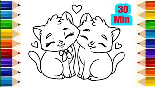 kitty Cats Coloring Page Valentine Drawing Painting and Coloring for kids [upl. by Zsolway294]