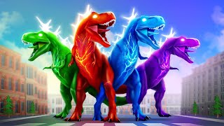 Jurassic War Epic Battle of 4 Color Super Dinosaurs in the City Dinosaur Fights Jurassic Cartoons [upl. by Lyrahc]