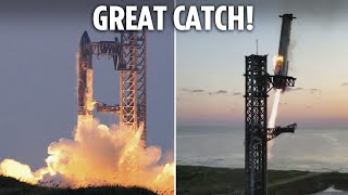 Watch SpaceX rocket booster being caught by giant chopsticks on launch pad after test flight [upl. by Cheadle]