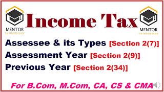 Concepts of Income Tax  Assessee 27  Assessment Year29  Previous Year 234  BCom  CA [upl. by Nickolaus]