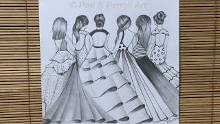 Friendship Day Drawing  How to Draw Girls Wearing Party Dress Pencil Sketch [upl. by Mintun965]