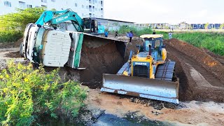 Incredible Overloaded Dump Truck Failed to Drive Up Hill Help By KOBELCO SK210LC Excavator amp Truck [upl. by Dot]