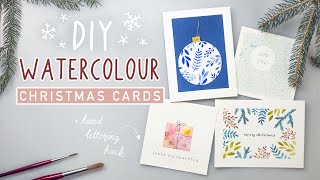 DIY Christmas Cards  4 Stunning Watercolour Designs  Hand Lettering Hack  EASY [upl. by Tormoria529]