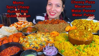 Eating Spicy🔥 Masala Macaroni Cheesy Pizza Matar Paneer Matar Pulao noodles Manchurian Momo [upl. by Marion]